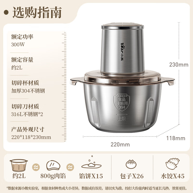 小熊绞肉机家用 碎肉机 电动多功能料理搅拌机饺子肉馅蒜蓉机 搅肉机 2L大容量全不锈钢杯