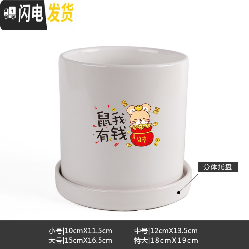 三维工匠鼠年本命年装饰创意中国红插银柳简约圆柱绿植多肉带托盘陶瓷花盆 鼠我有钱-亮光白 中等花盆容器