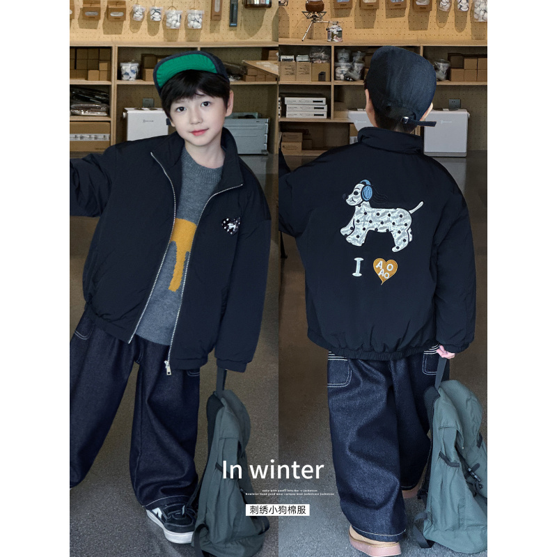 童酷男童冬季新款前后小狗刺绣宝宝夹克外套拉链立领儿童棉服