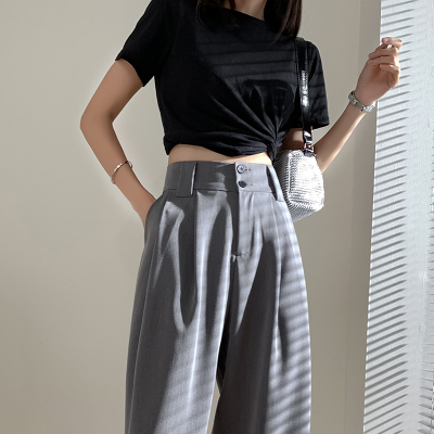 语娄灰色西装裤女高腰显瘦垂坠感直筒哈伦宽松阔腿裤春秋百搭萝卜裤子2021西裤