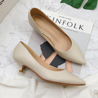 Ideamini法式少女小跟鞋米白色皮面职业百搭细跟高跟鞋低跟单鞋女猫跟3cm