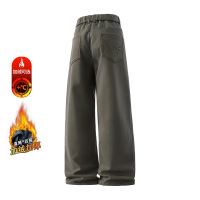 潮牌美式休闲裤男士冬季阔腿黑色水洗宽松直筒加绒裤子长裤秋冬款