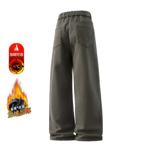 潮牌美式休闲裤男士冬季阔腿黑色水洗宽松直筒加绒裤子长裤秋冬款