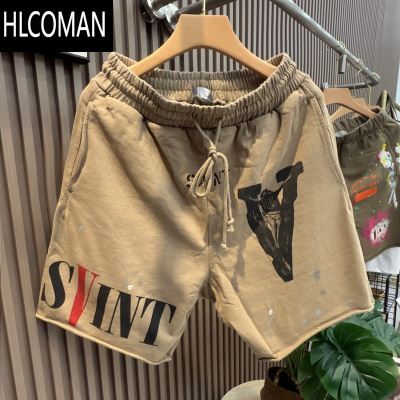 HLCOMAN2025夏季新款美式运动裤烂边高街嘻哈短裤泼墨潮人松紧腰男裤
