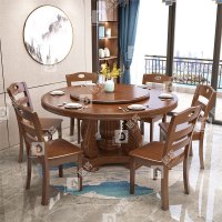 居将实木餐桌圆形餐桌椅组合1.2米圆桌6把餐椅
