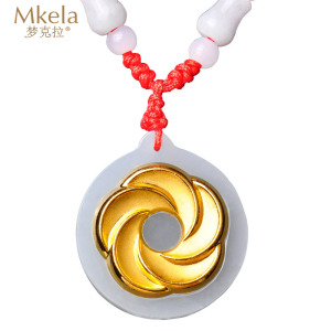 梦克拉 Mkela 足金镶和田玉海棠花吊坠女款 金镶玉吊坠 3D硬金 风花雪月 冰糯种 玉石吊坠 白色