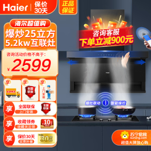 [烟灶联动]海尔(Haier)油烟机25m³飓风大风量顶侧三吸烟机天然气烟灶联动套装EC719UD+Q2BE58
