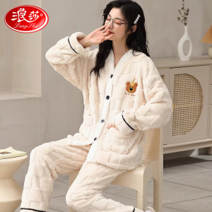 浪莎睡衣女加绒加厚珊瑚绒2025年新款法兰绒秋冬季保暖家居服套装