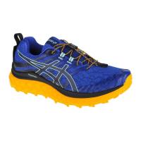 ASICS跑步鞋男轻便舒适缓震耐磨蓝色黄色鞋底网面透气线条装饰