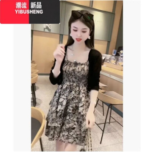 YIBUSHENG季小个子高级感气质小香风开衫披肩外搭碎花吊带连衣裙两件套女