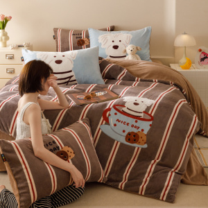ins秋冬新款加厚牛奶绒印花四件套卡通可爱风学生宿舍床笠三件套