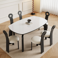 青木川 简约现代实木餐桌椅组合可折叠伸缩客厅餐厅家用岩板餐桌小户型圆桌多功能小清新法式奶油风四人六人吃饭桌子