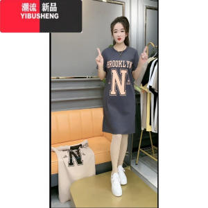 YIBUSHENG网红同款休闲百搭连衣裙女季新款圆领短袖印字母遮肉显瘦卫衣裙