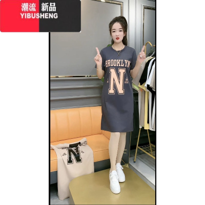 YIBUSHENG网红同款休闲百搭连衣裙女季新款圆领短袖印字母遮肉显瘦卫衣裙