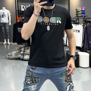 夏季新款印花短袖T恤男士时尚半袖圆领潮流上衣丝光棉打底衫修身