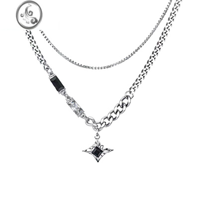 JiMi黑锆石双层拼接项链男款潮牌轻奢小众设计感嘻哈风情侣男生锁骨链