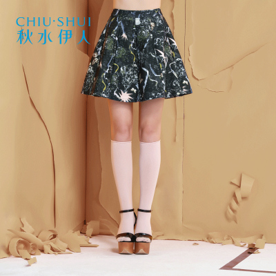 秋水伊人冬装新品抽象彩绘印图修身A型短款裙子女K099_29