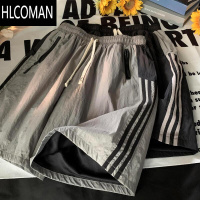 HLCOMAN冰丝速干短裤男士夏季薄款美式复古裤子高街潮牌运动条纹五分中裤