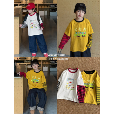 童酷男童秋款时尚卡通印花宝宝上衣拼色条纹假两件儿童T恤潮