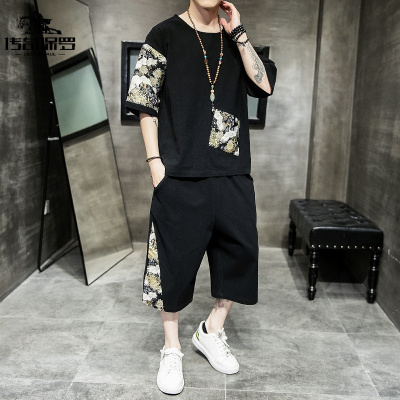 传奇保罗（CHUANQIBAOLUO）夏季新款休闲时尚简约舒适百搭潮流帅气男士口袋仙鹤T恤+七分裤男套装