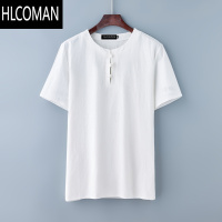 HLCOMAN夏季加肥加大码棉麻短袖T恤 男宽松肥佬休闲上衣薄款吸汗透气