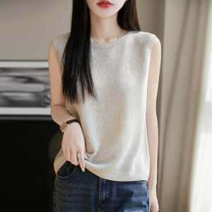亚麻圆领无袖背心女夏季新款纯色外穿上衣短款针织打底衫气质时尚