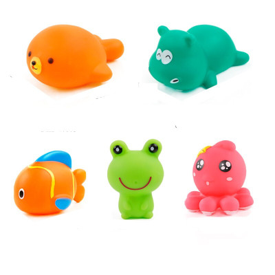 宝宝洗澡洗浴玩具儿童套装软胶章鱼沙滩游泳小浴盆喷水上青蛙章鱼5件套戏水玩具-