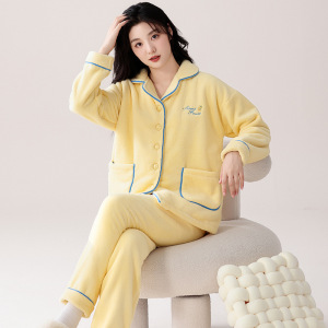 品牌同款法兰绒睡衣女秋冬加绒套装珊瑚绒甜美翻领冬季色家居服_278