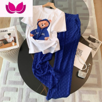 七斓克莱因蓝阔腿裤休闲套装女2023夏季新款印花高级感洋气减龄套