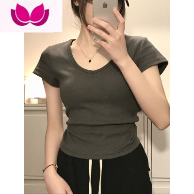 七斓纯欲风辣妹正肩V领短袖t恤女夏2023新款设计感小众别致不规则上衣