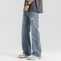 乞丐破洞牛仔裤子夏季薄款男款春秋款宽松直筒休闲春季微喇叭男裤