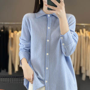 春季新款条纹针织衬衣领针织衫女polo领韩版宽松衬衫显瘦气质开衫