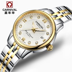 瑞士嘉年华CARNIVAL手表 新款女士全自动机械表 女表镂空夜光防水手表 商务时尚休闲镶水钻腕表 机械表8605-KH