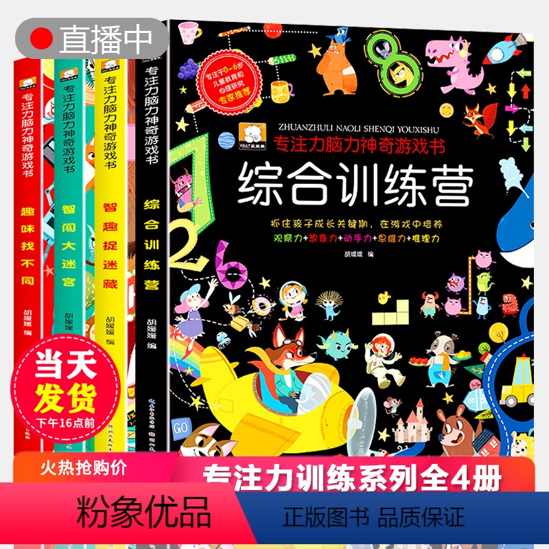 [正版]专注力训练书全套4册 趣味找不同图书连线大迷宫捉迷藏图画书0-3-4-5-6岁儿童数学思维逻辑训练书籍幼儿注意