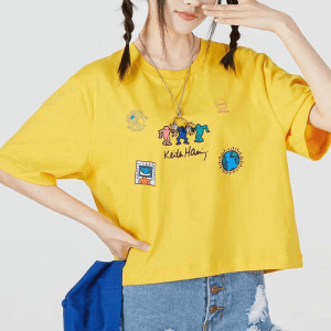 adidas/阿迪达斯女 新款运动服黄色印花短款透气短袖T恤 HD7253 C