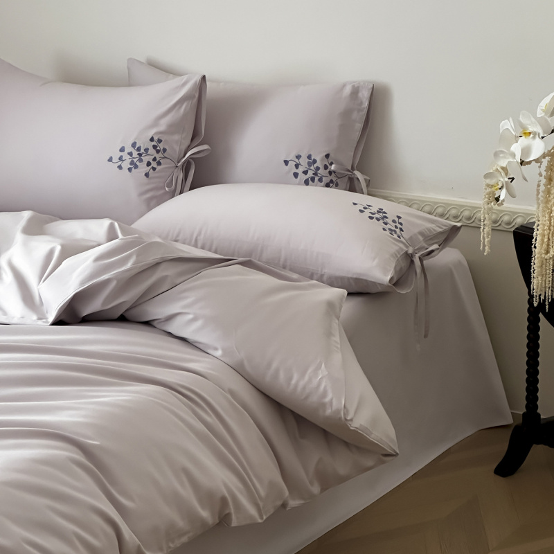 100S高支四件套少女感紫色刺绣花卉纯棉床单床笠提花长绒棉