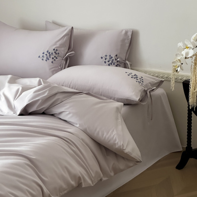 100S高支四件套少女感紫色刺绣花卉纯棉床单床笠提花长绒棉