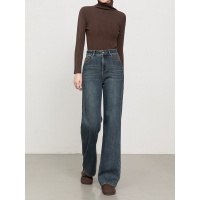 年冬季刺绣阔腿牛仔裤女韩版复古加绒加厚拖地直筒裤