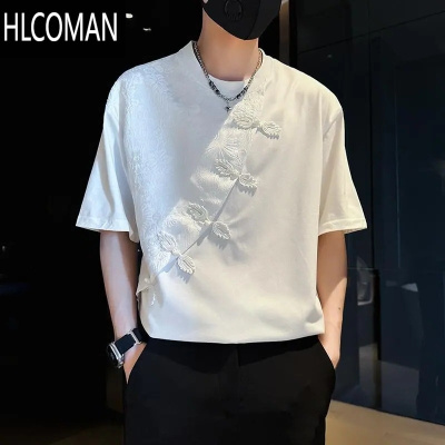 HLCOMAN2025夏季新中式国潮痞帅提花拼接短袖T恤男士盘口圆领半袖上衣服
