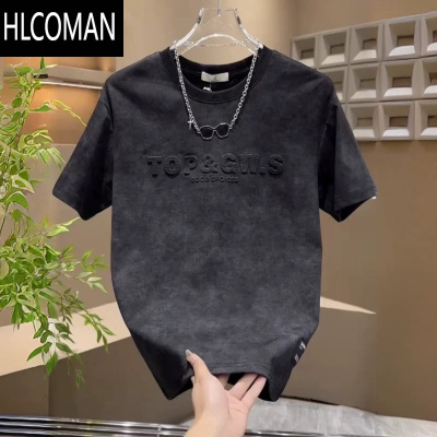 HLCOMAN夏季新款钢印字母短袖男士圆领扎染时尚百搭痞帅修身T恤休闲上衣