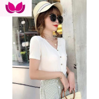 七斓女士针织短袖t恤女夏季新款洋气中年妈妈装V领打底小衫百搭上衣