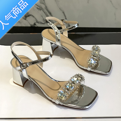 SUNTEK粗跟网红水钻透明凉鞋女仙女风2023新款夏百搭一字扣带银色高跟鞋