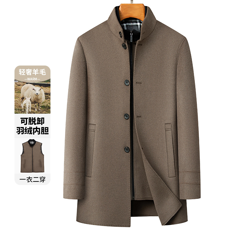 羊毛妮子大衣男拆卸羽绒内胆冬季中年爸爸装男士外套中长款两件套