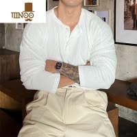 YANXU大码300斤亨利领华夫格宽松打底衫男春季高街潮牌显瘦长袖T恤上衣