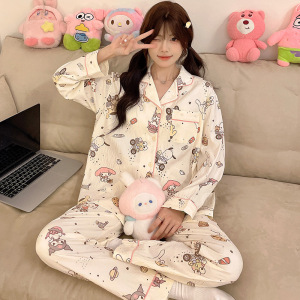 秋冬季长袖睡衣女云朵棉开衫翻领可爱卡通韩版休闲宽松家居服套装
