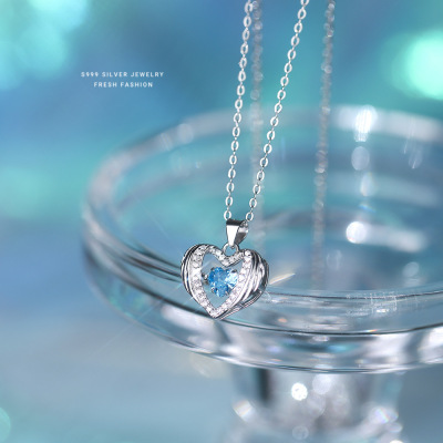 天使翅膀S999纯银灵动爱心项链女轻奢小众设计生日情人节礼物批发送女朋友老婆情人节七夕生日礼物