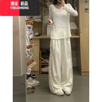 YIBUSHENG肌理感蕾丝拼接休闲裤女2024季小众设计感高腰显瘦薄款垂感长裤