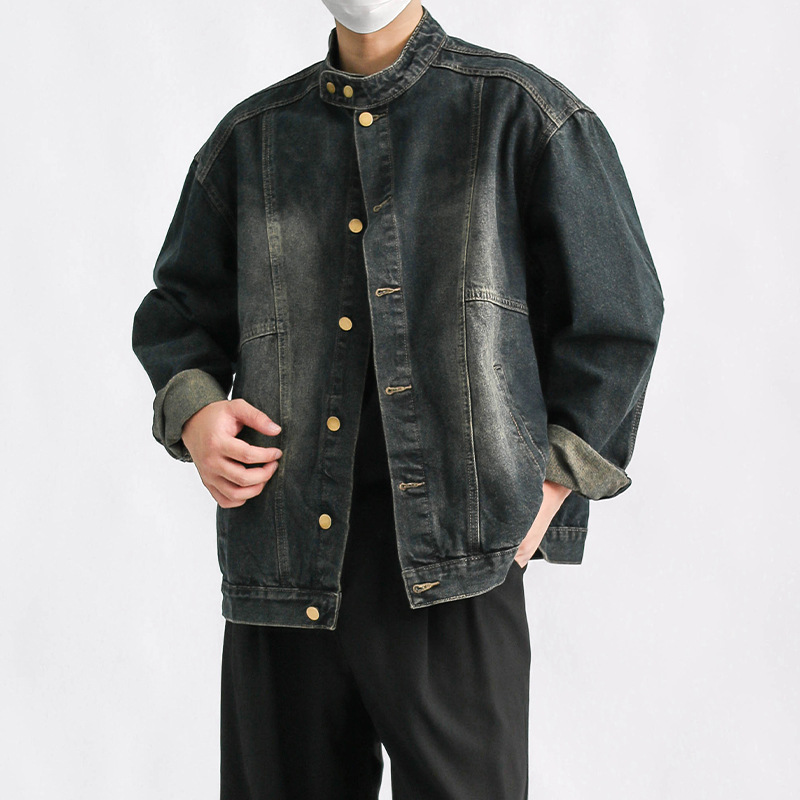 男装潮牌百搭慵懒时尚简约牛仔夹克春秋新款日系复古立领痞帅夹克