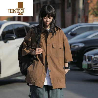 YANXU日系复古咖色工装短袖衬衫男女户外港风chic潮牌宽松休闲衬衣外套