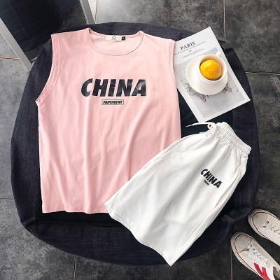 梵克公牛无袖T恤男套装夏季跑步运动服学生印花背心流韩版宽松情侣五分短裤牌两件套